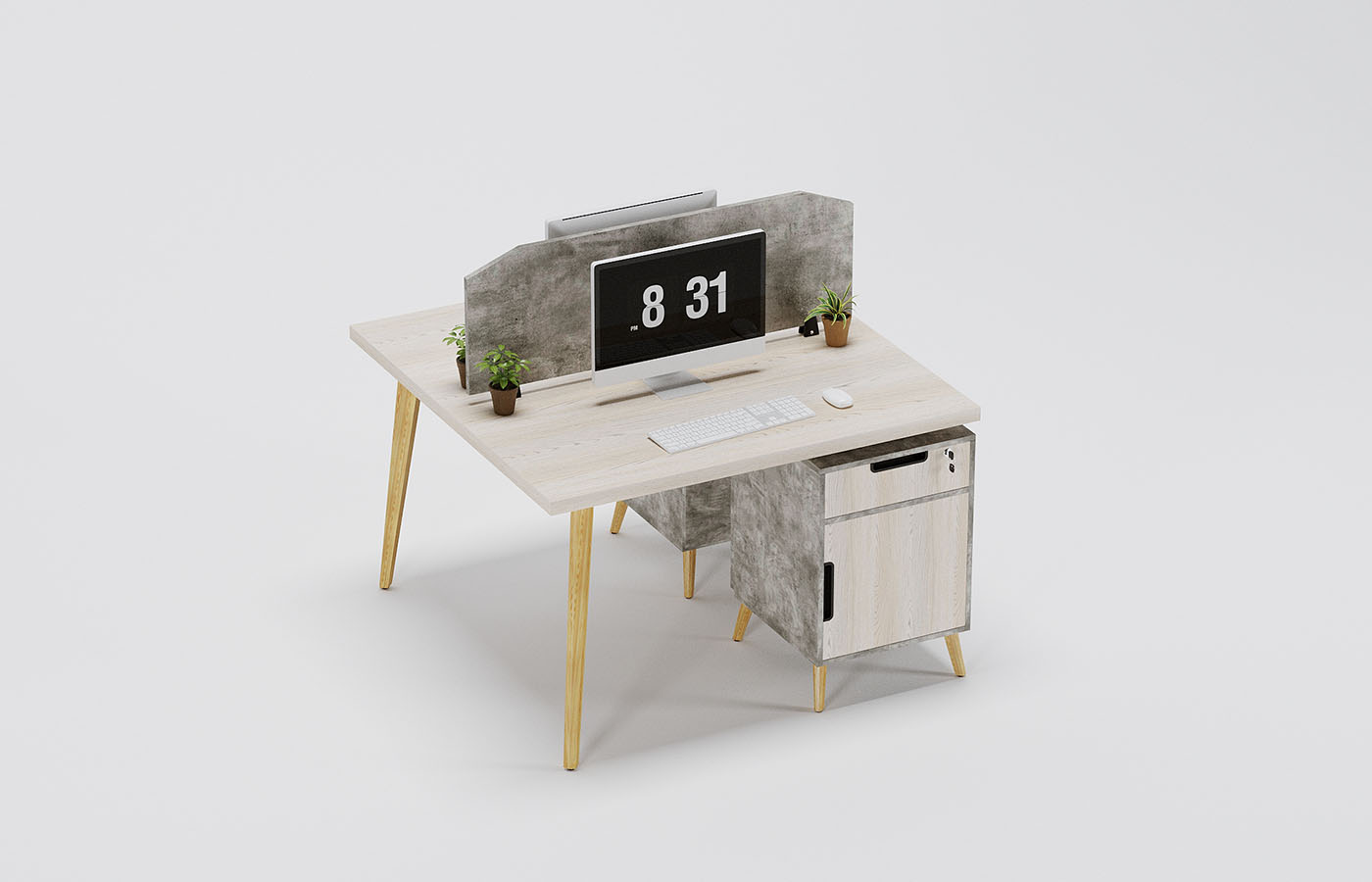 Smart Linear Basic Workstation For Two Persons With Partitions And With Storage